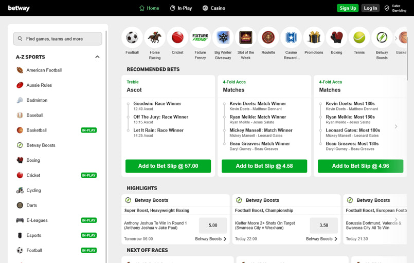 The Betway sports betting homepage
