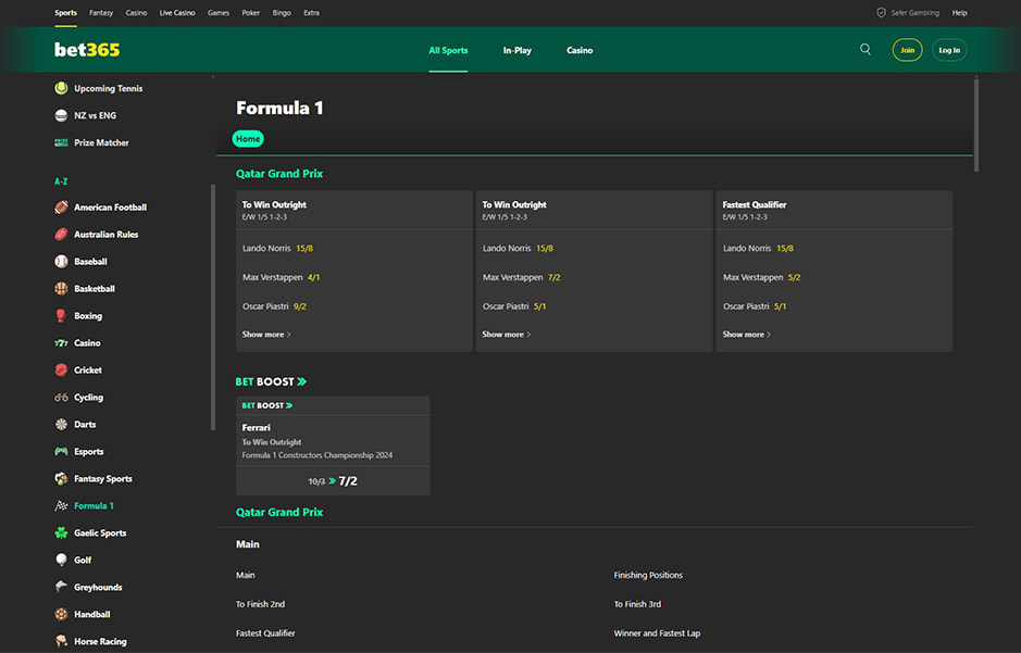 Formula 1 betting at bet365