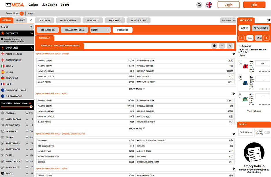 MrMega and Formula 1 sports betting