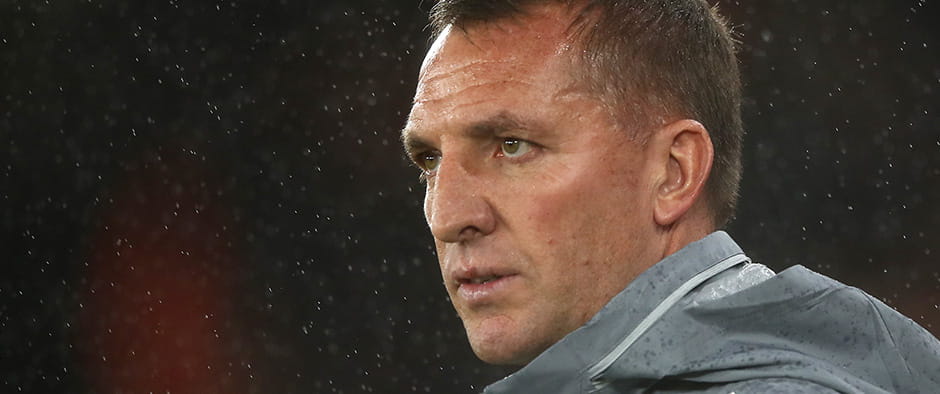 A picture of an unhappy Brendan Rodgers after his team Leicester lost