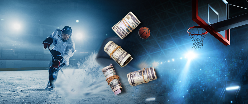 A dynamic scene combining sports and finance: on the left, a hockey player in a white jersey aggressively maneuvers on the ice, creating a spray of ice shards, while on the right, a basketball hovers near a hoop, both scenarios connected by floating rolls of cash bills emphasizing the theme of sports betting.