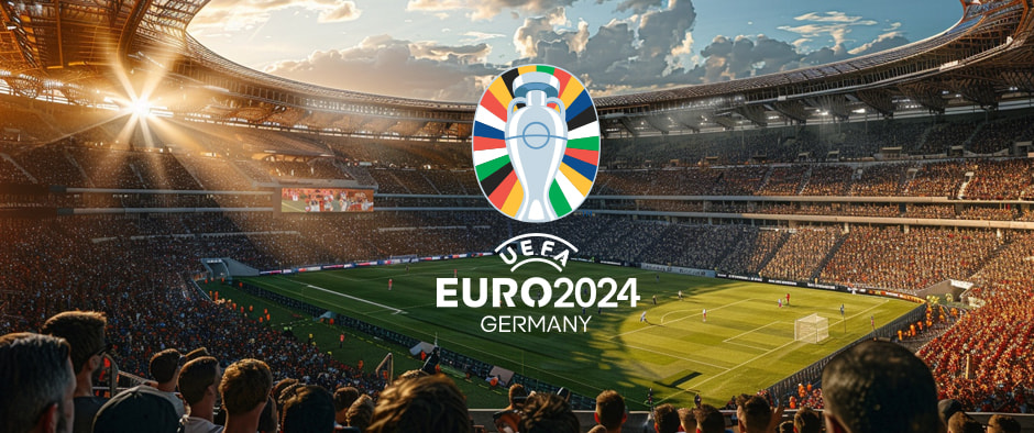 Stadium filled with fans at sunset with the UEFA Euro 2024 Germany logo in the center, highlighting the upcoming football tournament.
