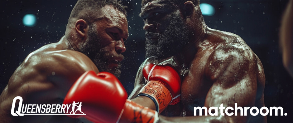 Two professional boxers, each wearing orange gloves, are engaged in an intense bout in a well-lit boxing ring. The fighter on the left, a muscular black man with a determined expression, lands a powerful punch on his opponent's face, a muscular white man with a beard. The text 'Queensberry' and 'Matchroom' are prominently displayed in the centre, symbolising the rivalry between the two boxing promotions. The background features bright lights and a blurred audience, highlighting the high-energy atmosphere of the match.