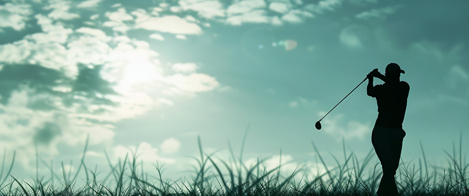 Silhouette of a golfer swinging a club on a grassy course under a cloudy sky. The lighting creates a dramatic and serene ambiance, capturing the essence of a peaceful moment in golf.