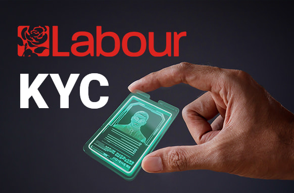 A hand holding a glowing, futuristic ID card with a digital image, next to the Labour Party logo and the text 