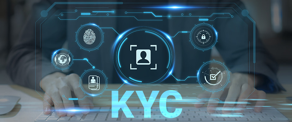 A person typing on a keyboard with a digital overlay displaying various identification icons, including a fingerprint, lock, and ID card, centred around a profile icon. The large text "KYC" is prominently displayed at the bottom.