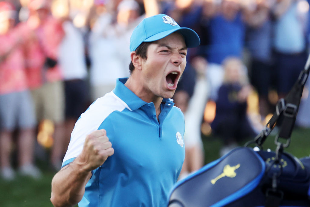 Viktor Hovland celebrates on the first green during the Friday morning foursomes matches of the 2023 Ryder Cup. 