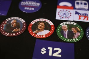 Badges promoting Kamala Harris’ 2024 election campaign.