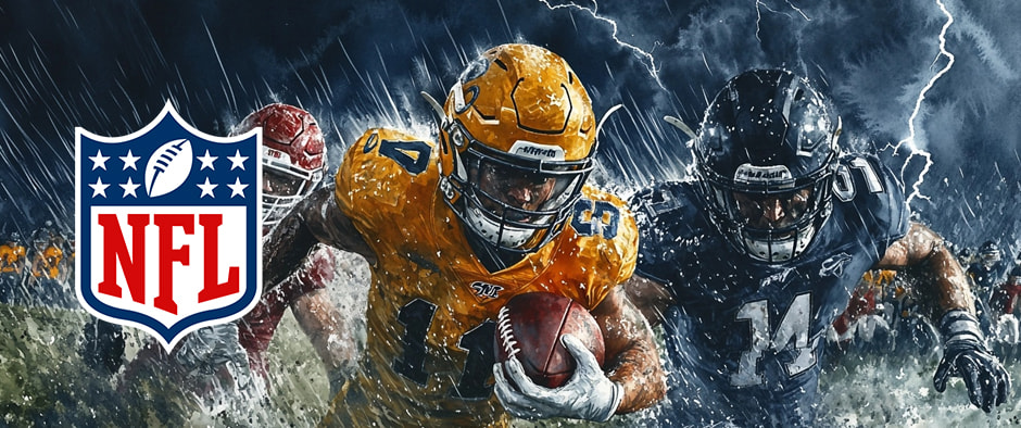 Dynamic image of NFL players in a fierce game, with one player in a yellow uniform holding the football and running, pursued by another player in a blue uniform. The NFL logo is prominently displayed on the left side, with lightning striking in the background, emphasizing the intensity of the moment.