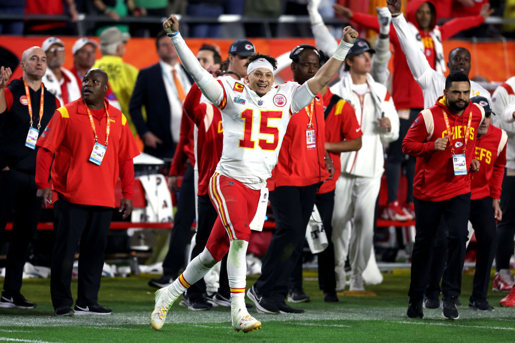 Patrick Mahomes celebrates after Kansas defeated the Philadelphia Eagles 38-35 to win Super Bowl LVII.