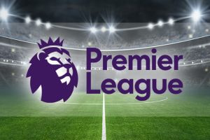 Premier League logo over a football stadium background with bright stadium lights illuminating the field