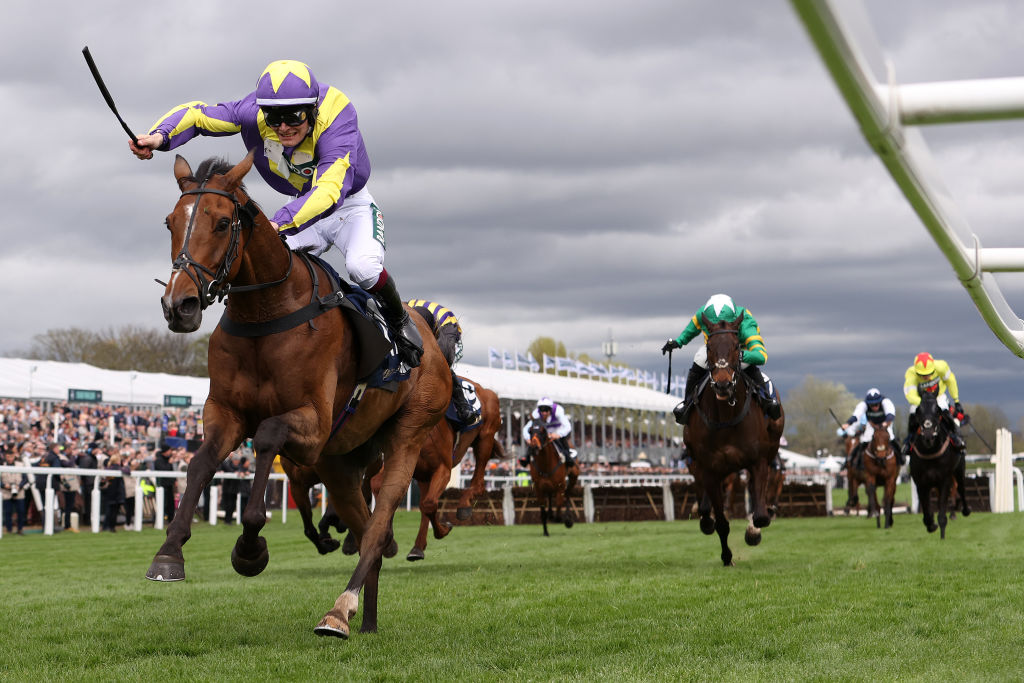 Charlie Todd riding Gwennie May Boy to victory in the William Hill Handicap Hurdle at Aintree.