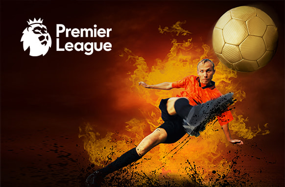 This image depicts a football player in an orange kit kicking a ball, with a fiery background symbolising intensity and action. The Premier League logo is prominently placed in the top left corner, with the golden football in mid-air, representing the league’s elite level of competition. The scene evokes energy and power, with the player making a dynamic move as sparks fly around, emphasising the passion of Premier League football.