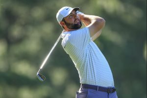 Scottie Scheffler playing a shot on the 14th hole during the third round of the 2024 Masters.