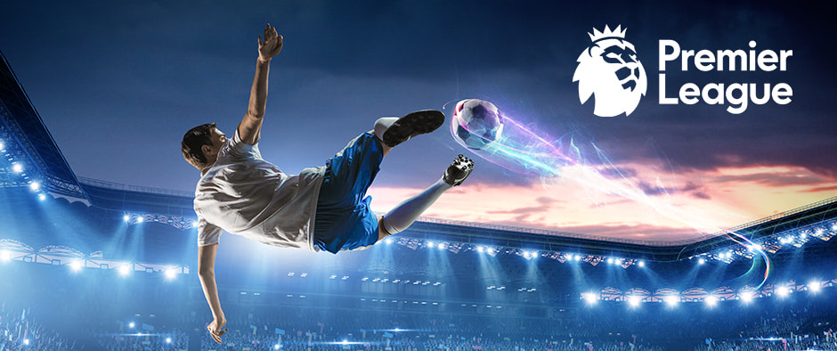 A dynamic image of a football player executing a mid-air bicycle kick in a brightly lit stadium, with a glowing trail following the ball's trajectory. The Premier League logo is prominently placed in the top-right corner, emphasizing the league. The player's athleticism and the vibrant stadium atmosphere create an exciting representation of Premier League football action.