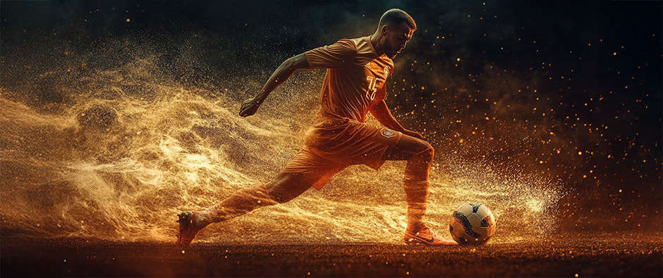 Artistic football action image showcasing a player in an orange kit mid-strike with a football, surrounded by a dramatic swirl of golden dust and light effects