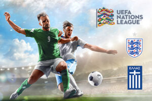 UEFA Nations League graphic featuring the England and Greece national football teams. The image shows two players competing for possession of the ball on a bright, partly cloudy day in a stadium setting. The UEFA Nations League logo appears in the top right corner, with the England and Greece team crests displayed below it.