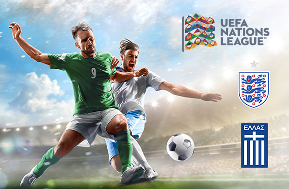 UEFA Nations League graphic featuring the England and Greece national football teams. The image shows two players competing for possession of the ball on a bright, partly cloudy day in a stadium setting. The UEFA Nations League logo appears in the top right corner, with the England and Greece team crests displayed below it.