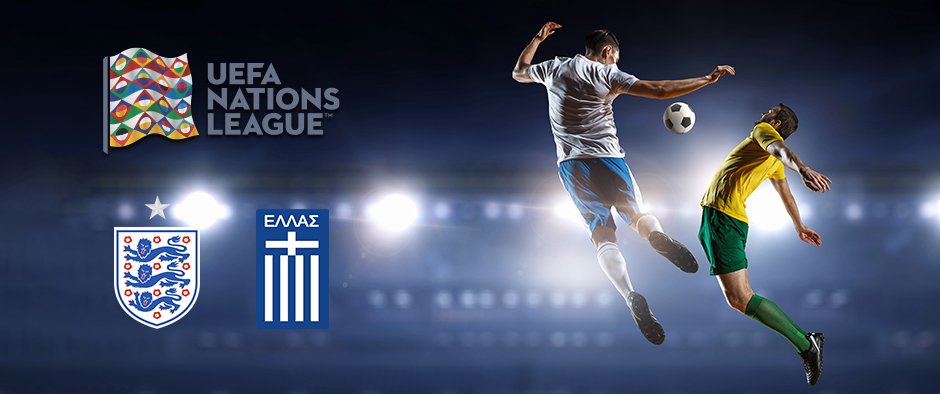 UEFA Nations League graphic featuring England and Greece football teams. The image shows two players in mid-air, competing for a football under stadium lights. The UEFA Nations League logo is displayed in the top left corner, with the England and Greece team crests below it