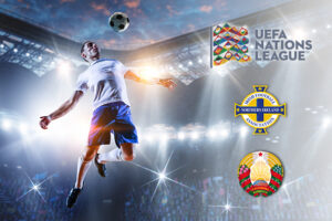 UEFA Nations League promotional image for Northern Ireland vs Belarus, featuring team logos and a footballer heading the ball in a brightly lit stadium.