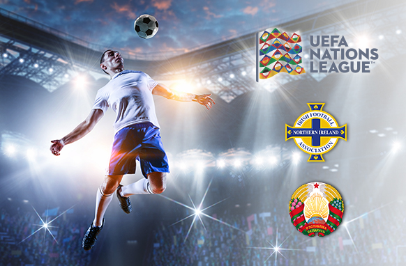 UEFA Nations League promotional image for Northern Ireland vs Belarus, featuring team logos and a footballer heading the ball in a brightly lit stadium.