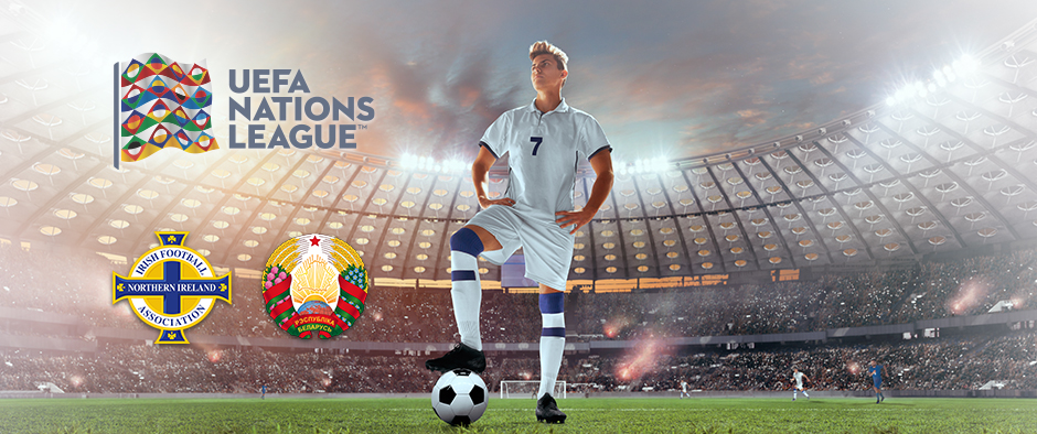 UEFA Nations League image for Northern Ireland vs Belarus, featuring team logos and a footballer standing confidently on the field with one foot on the ball in a stadium setting.