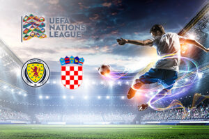 UEFA Nations League match preview image featuring Scotland and Croatia team logos with a footballer in action on a stadium background