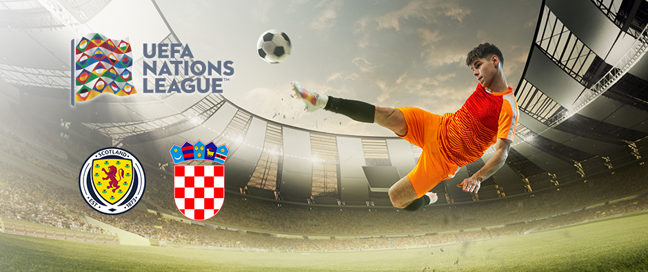 UEFA Nations League promotional image for Scotland vs Croatia, featuring team logos and a player performing an acrobatic kick in a stadium setting