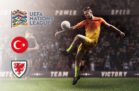 UEFA Nations League image for Türkiye vs Wales, featuring team logos and a footballer controlling the ball on a field with a stadium crowd in the background