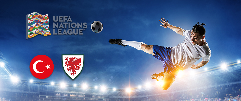 UEFA Nations League promotional image for Türkiye vs Wales, featuring team logos and a footballer performing an acrobatic kick in a stadium under bright lights