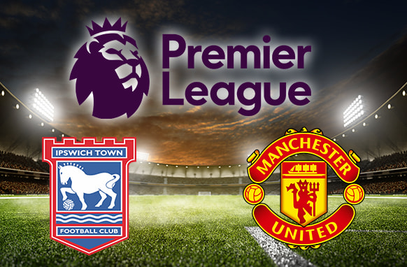 Premier League graphic showcasing Ipswich Town and Manchester United club logos, set against a glowing football stadium under evening skies.