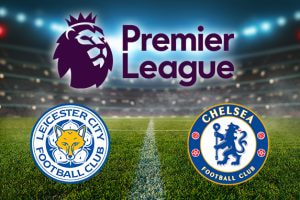 Premier League matchup graphic featuring Leicester City and Chelsea club logos, set against a backdrop of a brightly lit football stadium