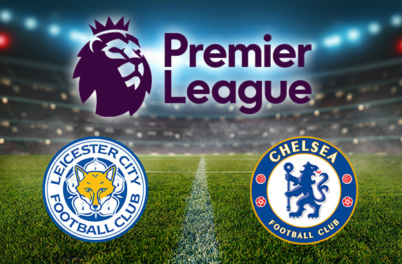 Premier League matchup graphic featuring Leicester City and Chelsea club logos, set against a backdrop of a brightly lit football stadium