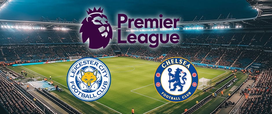 Premier League promotional graphic showcasing Leicester City and Chelsea club logos, positioned over a vibrant view of a football stadium filled with spectators