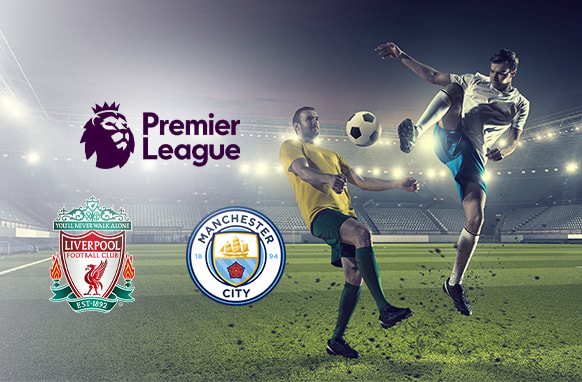 Two football players in action during a Premier League match, with logos of Liverpool and Manchester City prominently displayed, set against a dramatic stadium background.