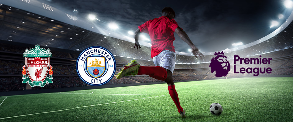 A football player in a red kit preparing to strike the ball in a stadium, with the logos of Liverpool, Manchester City, and the Premier League displayed prominently in the scene.