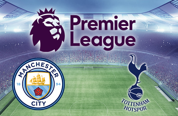 Premier League graphic highlighting Manchester City and Tottenham Hotspur club logos, set against the backdrop of a large, illuminated football stadium