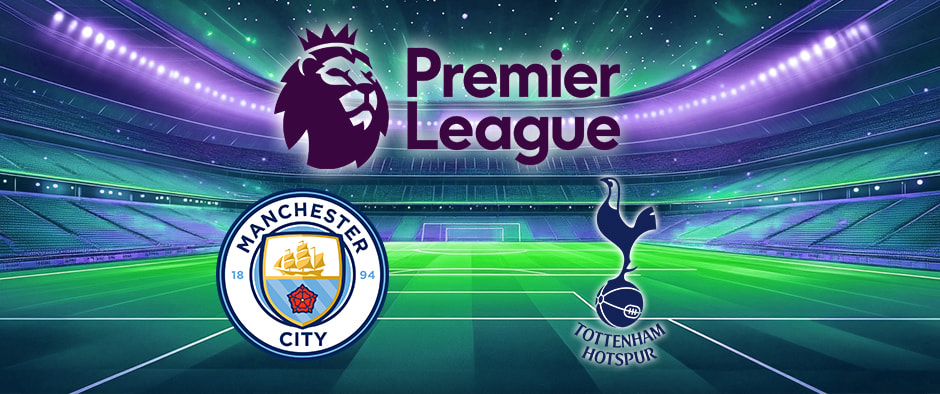 Premier League promotional image featuring Manchester City and Tottenham Hotspur club logos, placed over a brightly lit, modern football stadium with a vibrant green pitch.