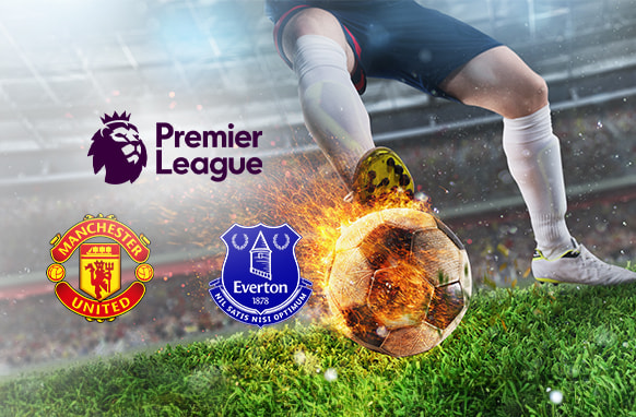 A dynamic football-themed image showcasing a player kicking a ball with a fiery impact on a green pitch inside a stadium. The image features the logos of Manchester United and Everton, alongside the Premier League logo, highlighting a match-up between the two teams.