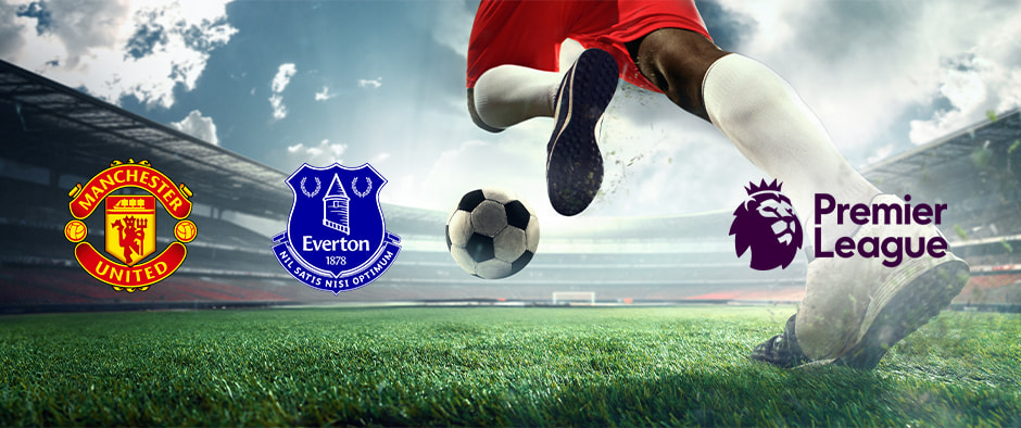 An action-packed football-themed image featuring a player kicking a ball on a lush green pitch inside a stadium. The image includes the logos of Manchester United and Everton alongside the Premier League logo, emphasising a match between the two teams.