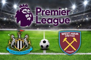 Premier League graphic featuring Newcastle United and West Ham United club logos, positioned alongside a football on a green pitch inside a brightly lit stadium