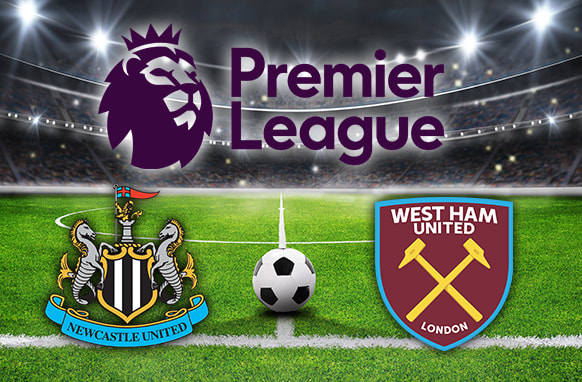 Premier League graphic featuring Newcastle United and West Ham United club logos, positioned alongside a football on a green pitch inside a brightly lit stadium