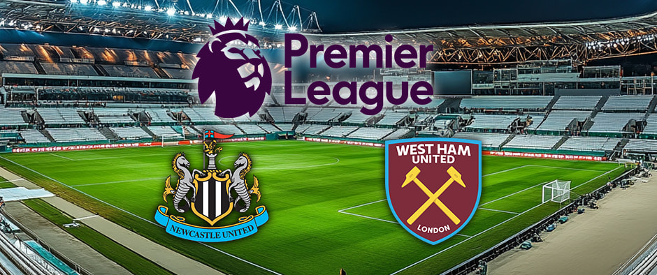 Premier League promotional image highlighting Newcastle United and West Ham United club logos, displayed over an empty, well-lit football stadium at night.