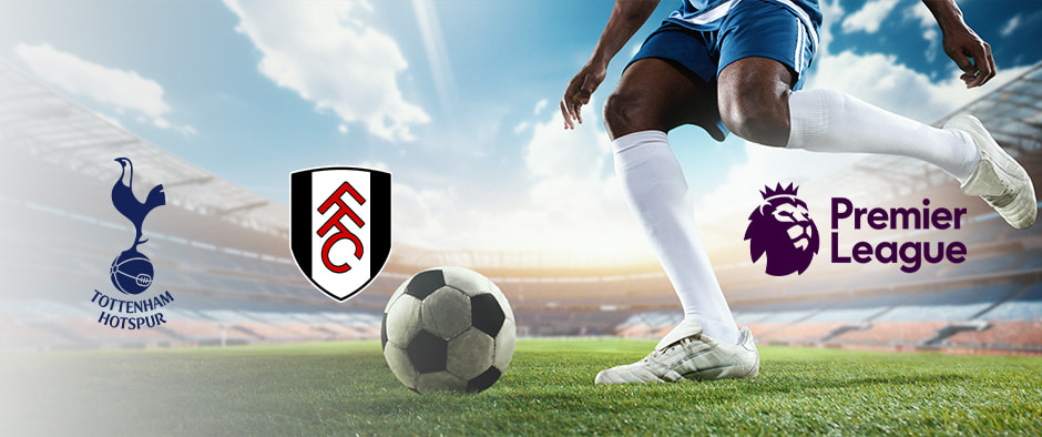 A footballer in action on a stadium pitch with the Tottenham Hotspur and Fulham logos alongside the Premier League logo, representing an upcoming Premier League match between Tottenham Hotspur and Fulham.