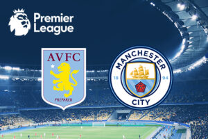 Logos of Aston Villa and Manchester City with the Premier League logo above, set against the backdrop of a brightly lit football stadium.