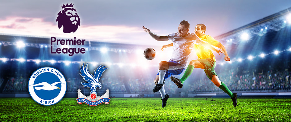 Two football players in action on a brightly lit pitch. The Premier League logo is displayed alongside the Brighton & Hove Albion and Crystal Palace club logos.