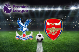 Logos of Crystal Palace and Arsenal with a football between them on a pitch, set against a stadium backdrop with the Premier League logo above.