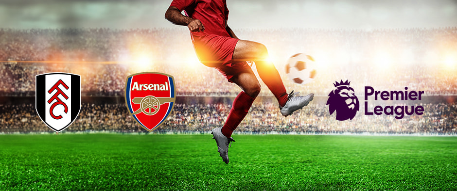 A football player in red kit kicks a ball on a green pitch. The Fulham and Arsenal logos are displayed alongside the Premier League logo in a stadium with a cheering crowd.