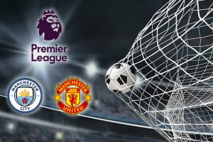 A football hits the back of the net in a stadium. The Premier League logo is displayed along with the Manchester City and Manchester United club logos.