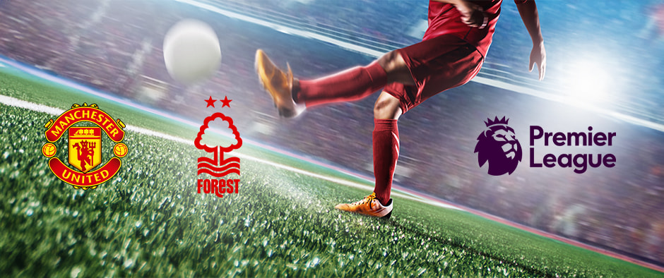 A dynamic football-themed image featuring a player preparing to kick a ball on a vibrant green pitch. The logos of Manchester United and Nottingham Forest are displayed, alongside the Premier League logo, highlighting their upcoming match.